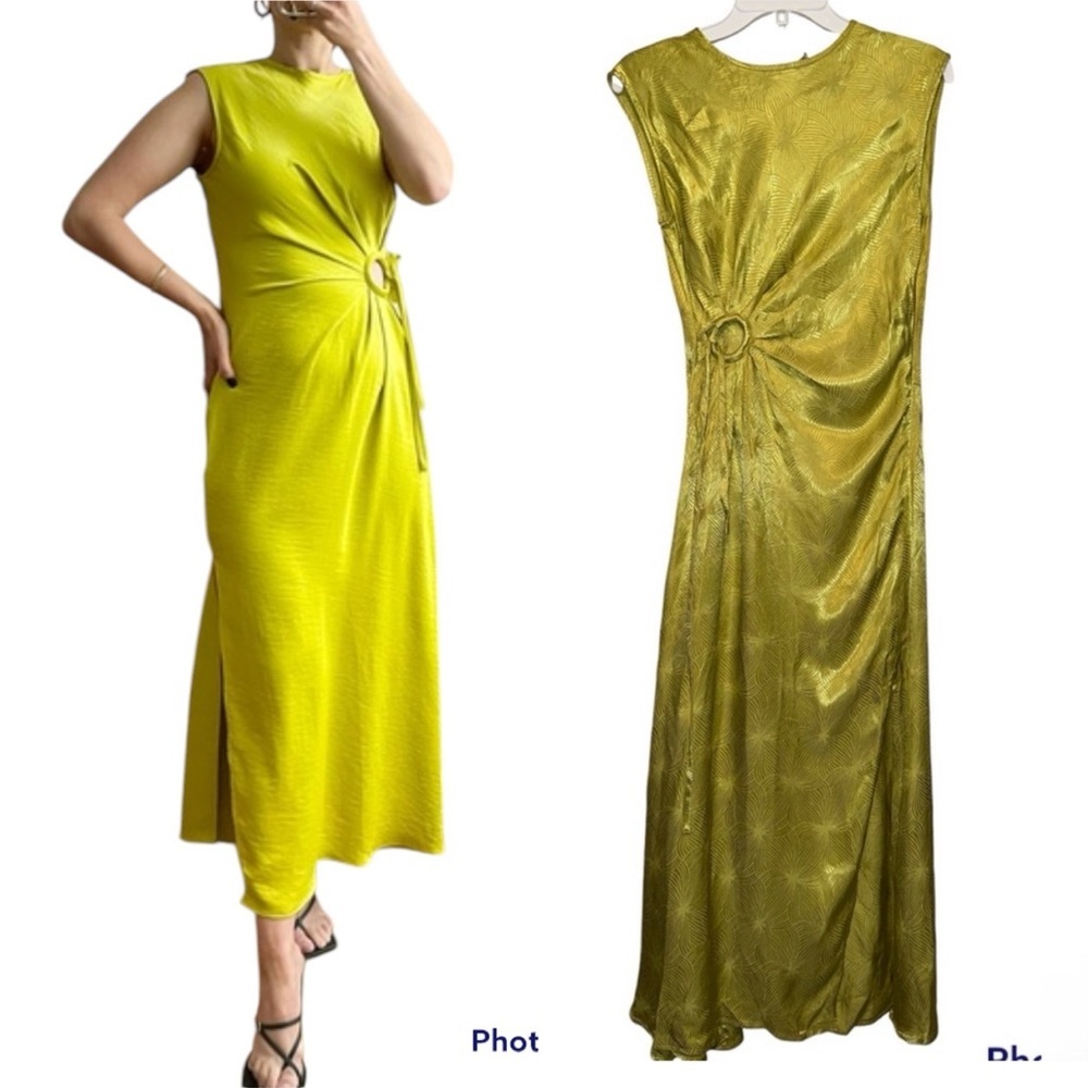 HOUSE OF HARLOW 1960 Revolve Satin Dress Side Slit Keyhole Maxi Olive Gr…